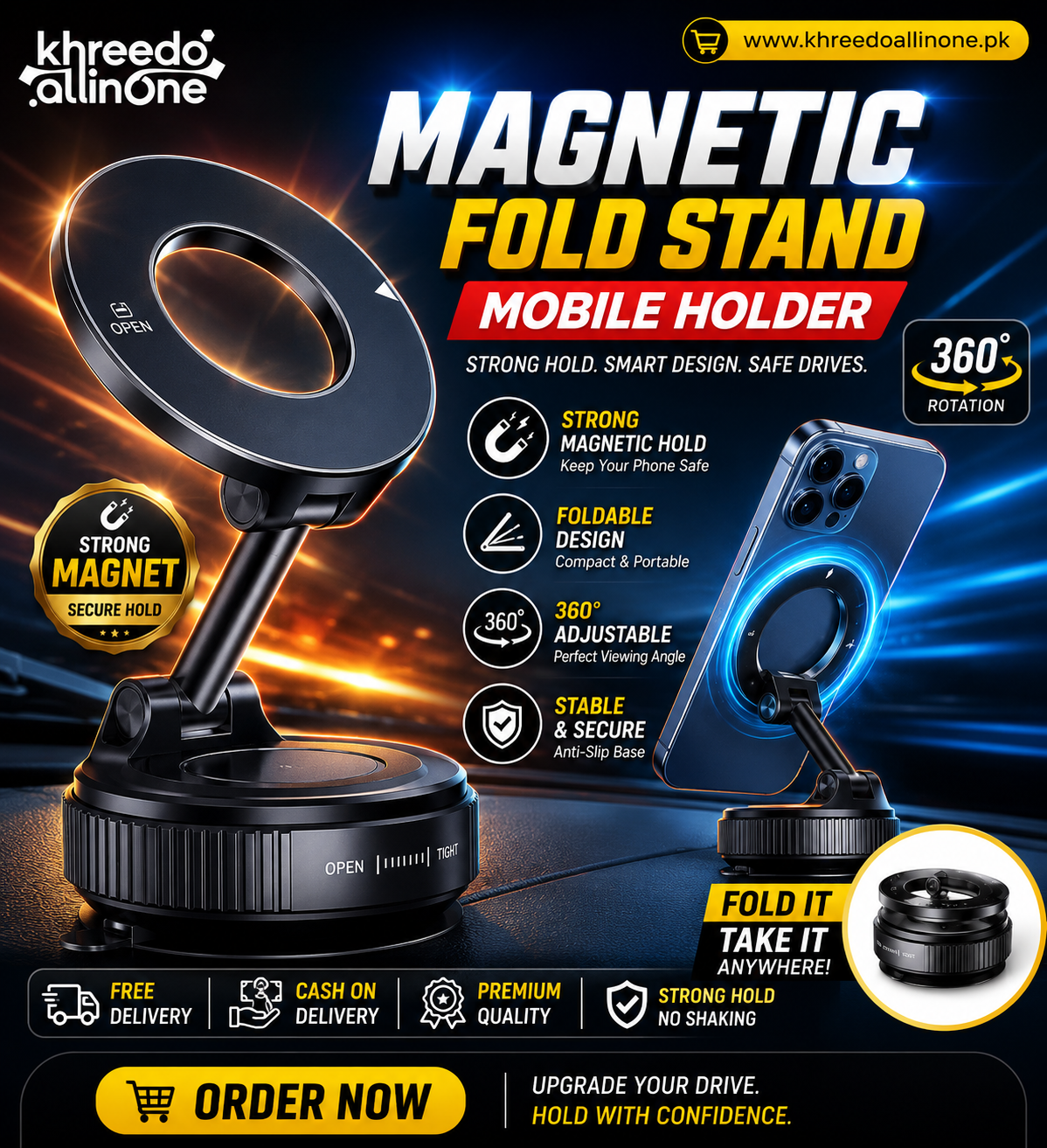 360° Magnetic Fold Stand Mobile Holder – Strong Magnet